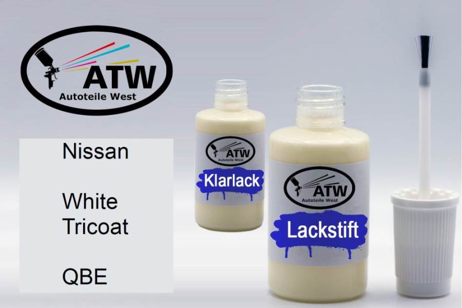 Nissan, White Tricoat, QBE: 20ml Lackstift + 20ml Klarlack - Set, von ATW Autoteile West.